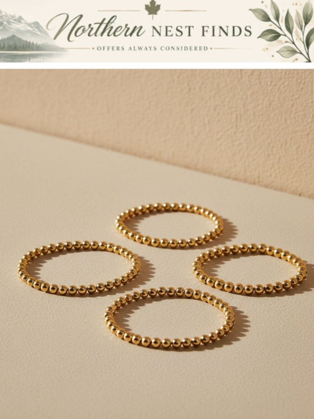 5Pc 14K Gold Plated Bracelet Set Stackable Strand Stretch Adjustable